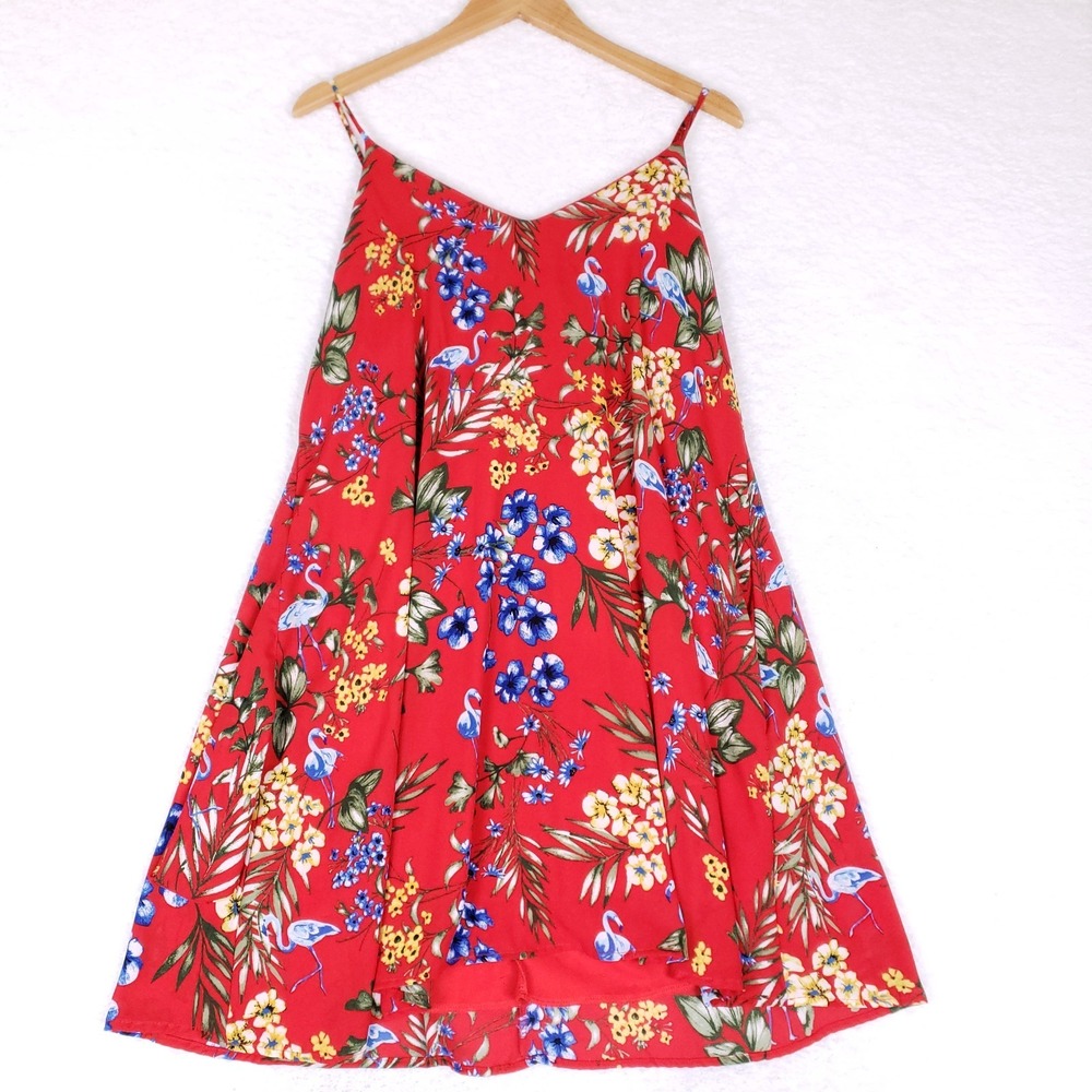 Latowne Red Tropical Floral Dress M Spaghetti Strap Summer Vacation Resort Wear